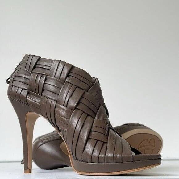 Boutique 9 Ashoe Woven Leather Cage Booties Women’s 8.5M Taupe Peep Toe High Hee - Picture 2 of 9